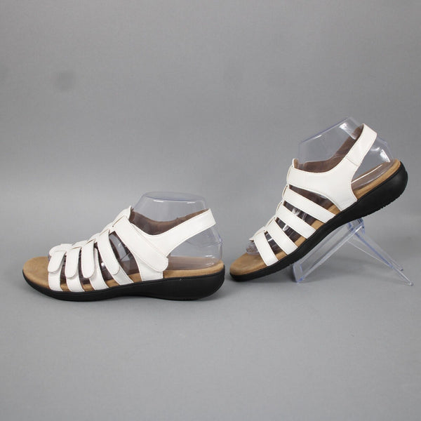 Trotters Sz 8 M White Tan Black Hook Loop Straps Open Toe Fabric Rubber Sandals