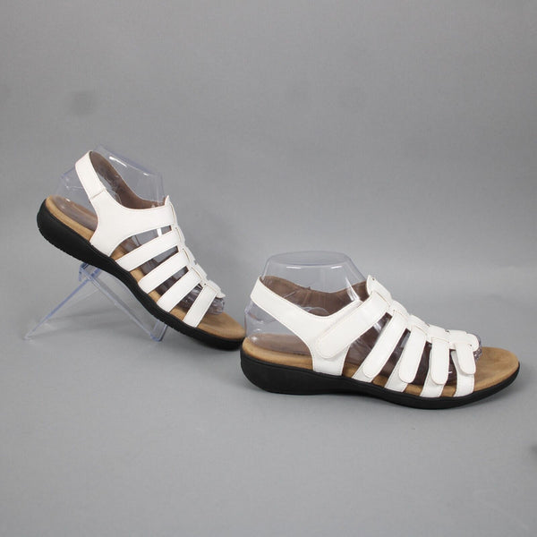 Trotters Sz 8 M White Tan Black Hook Loop Straps Open Toe Fabric Rubber Sandals