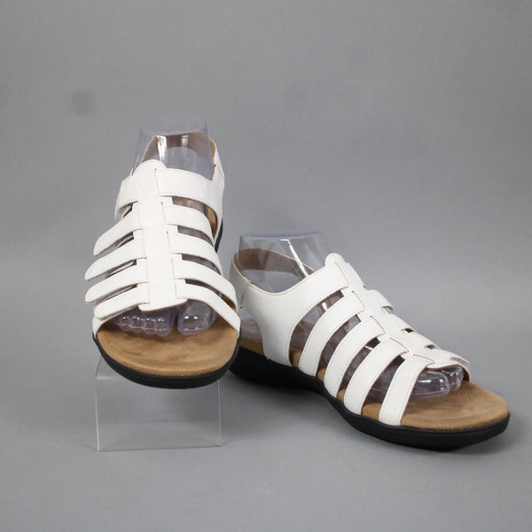 Trotters Sz 8 M White Tan Black Hook Loop Straps Open Toe Fabric Rubber Sandals