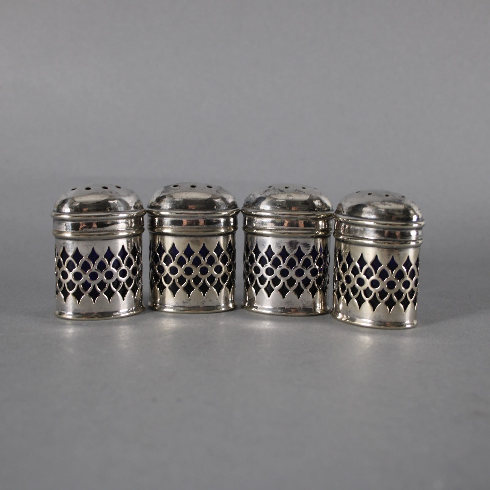 EPNS Salt Shaker Set of 4 Silver Cobalt Blue 1.75" Salt Pepper Shakers