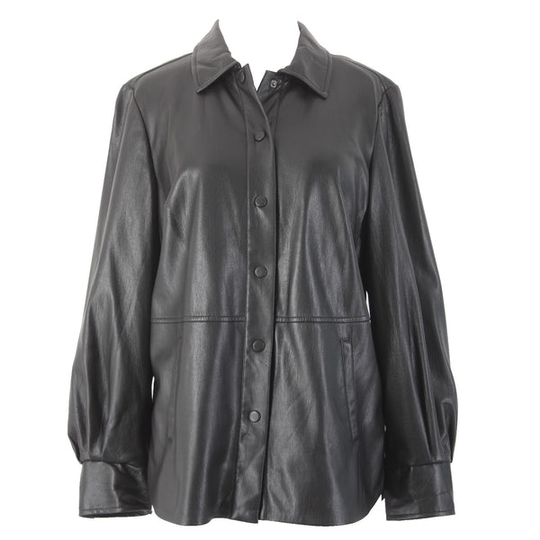 Chicos Jacket NEW $159 Shacket Sz 0 Black Collared Pockets Faux Leather Jacket
