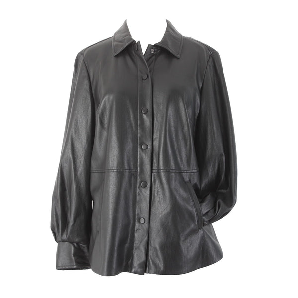 Chicos Jacket NEW $159 Shacket Sz 0 Black Collared Pockets Faux Leather Jacket