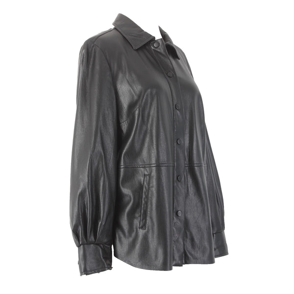 Chicos Jacket NEW $159 Shacket Sz 0 Black Collared Pockets Faux Leather Jacket