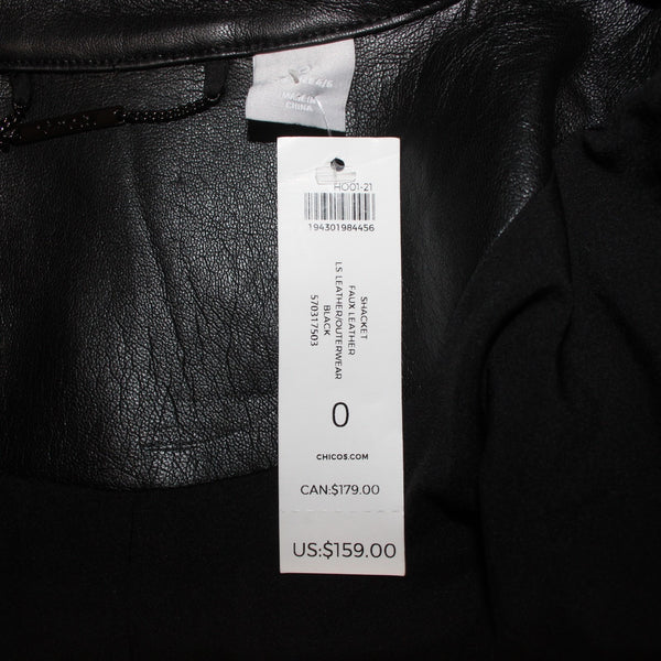 Chicos Jacket NEW $159 Shacket Sz 0 Black Collared Pockets Faux Leather Jacket