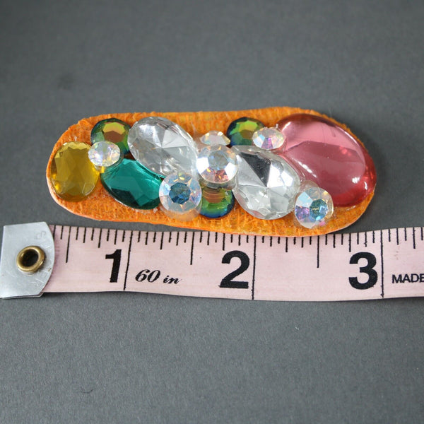 KS Designs 70's Orange Silver Green Rhinestones 2.5" Huggie Clip On Earrings