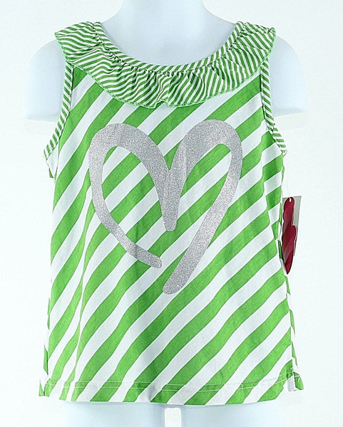 Diva NEW $28 5/6 Green White Silver Glitter Heart Stripe Cotton Poly Girl Top