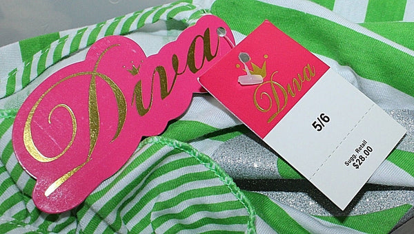 Diva NEW $28 5/6 Green White Silver Glitter Heart Stripe Cotton Poly Girl Top