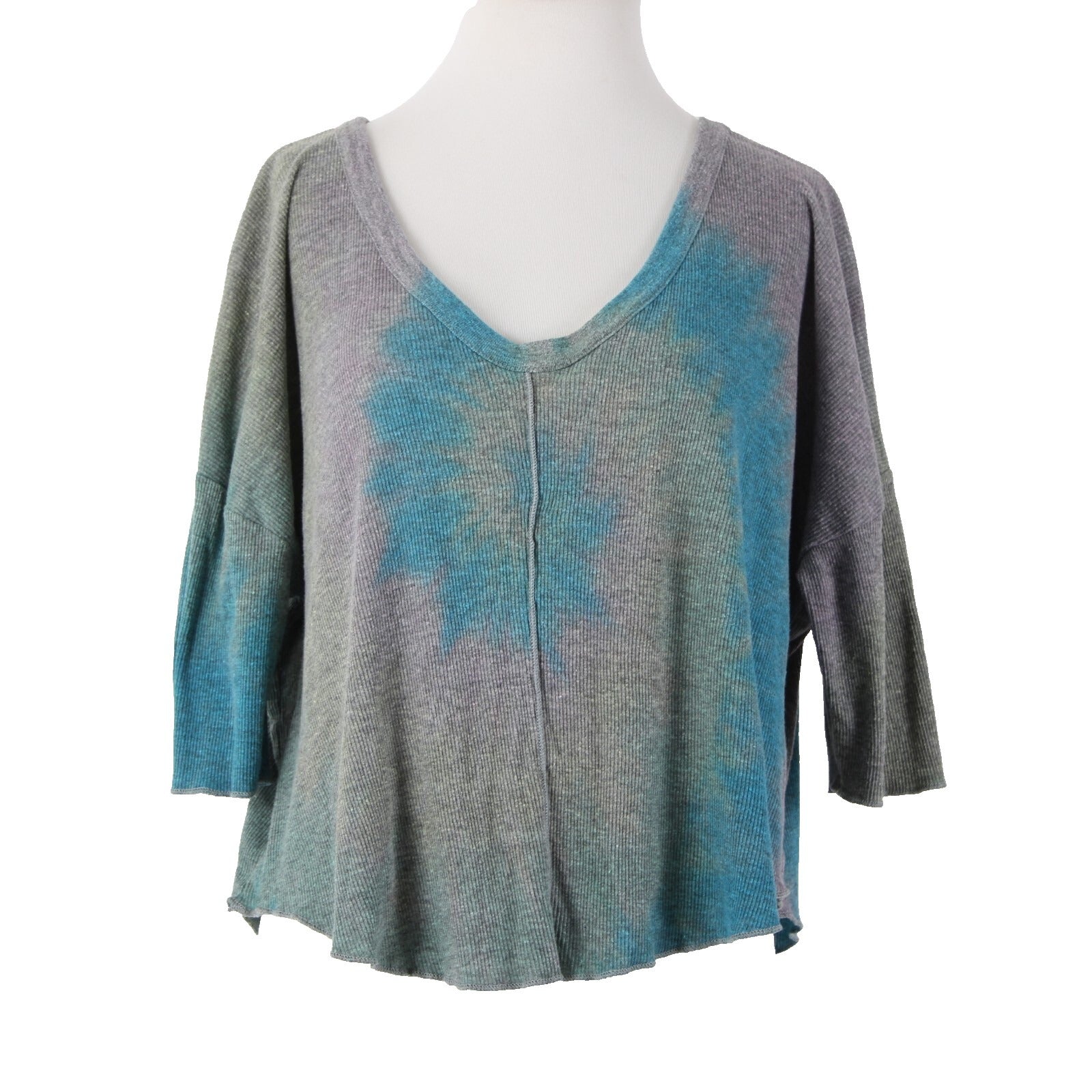 Chaser Sz S Gray Blue Purple V Neck Crop Tie Dye 3/4 Sleeve Polyester Cotton Top