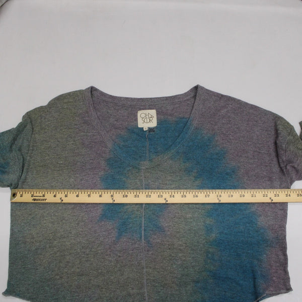 Chaser Sz S Gray Blue Purple V Neck Crop Tie Dye 3/4 Sleeve Polyester Cotton Top