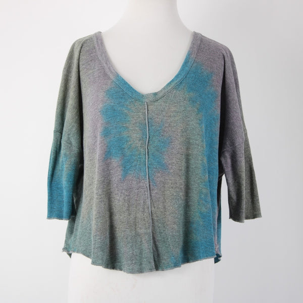 Chaser Sz S Gray Blue Purple V Neck Crop Tie Dye 3/4 Sleeve Polyester Cotton Top