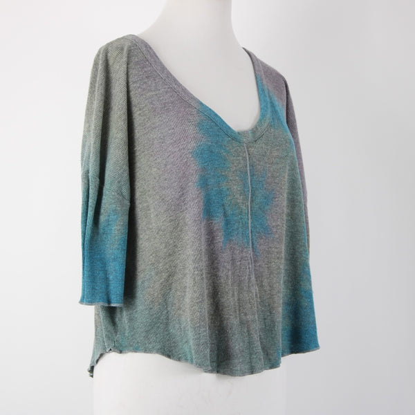 Chaser Sz S Gray Blue Purple V Neck Crop Tie Dye 3/4 Sleeve Polyester Cotton Top