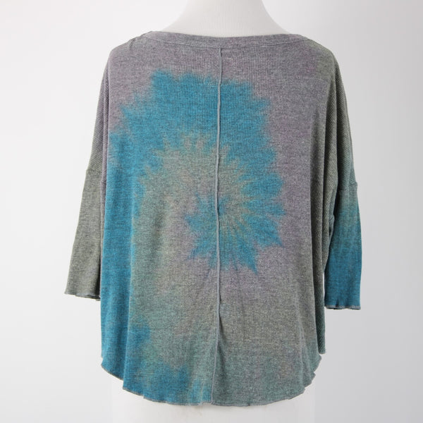 Chaser Sz S Gray Blue Purple V Neck Crop Tie Dye 3/4 Sleeve Polyester Cotton Top