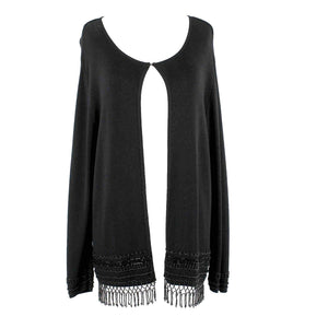 Chicos Sz 1 Black Beaded Detail Fringe Rayon Nylon Cardigan Jacket Sweater