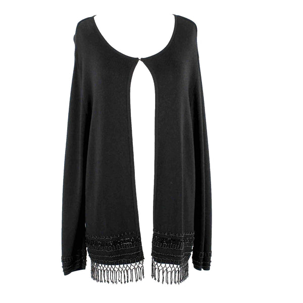 Chicos Sz 1 Black Beaded Detail Fringe Rayon Nylon Cardigan Jacket Sweater