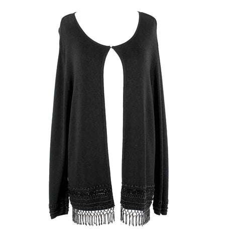 Chicos Sz 1 Black Beaded Detail Fringe Rayon Nylon Cardigan Jacket Sweater