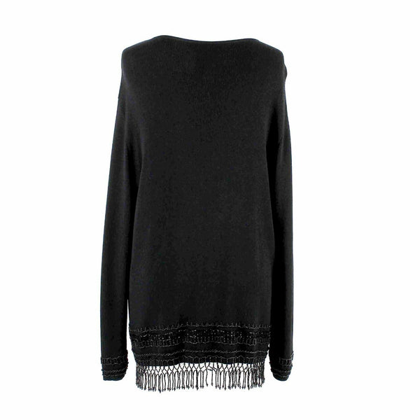 Chicos Sz 1 Black Beaded Detail Fringe Rayon Nylon Cardigan Jacket Sweater