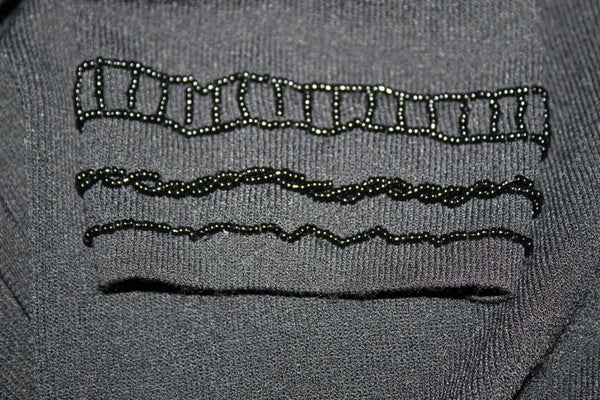 Chicos Sz 1 Black Beaded Detail Fringe Rayon Nylon Cardigan Jacket Sweater