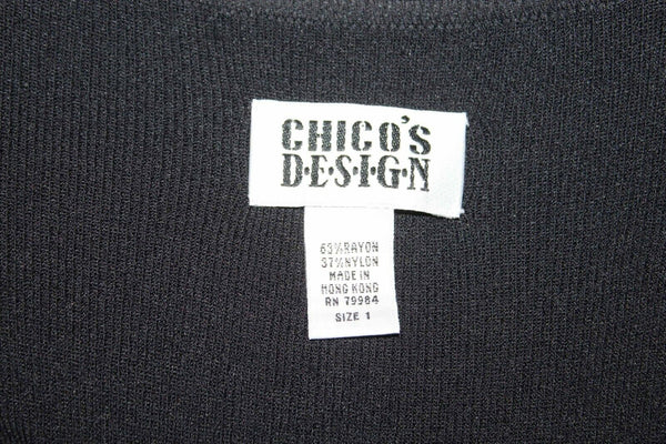 Chicos Sz 1 Black Beaded Detail Fringe Rayon Nylon Cardigan Jacket Sweater