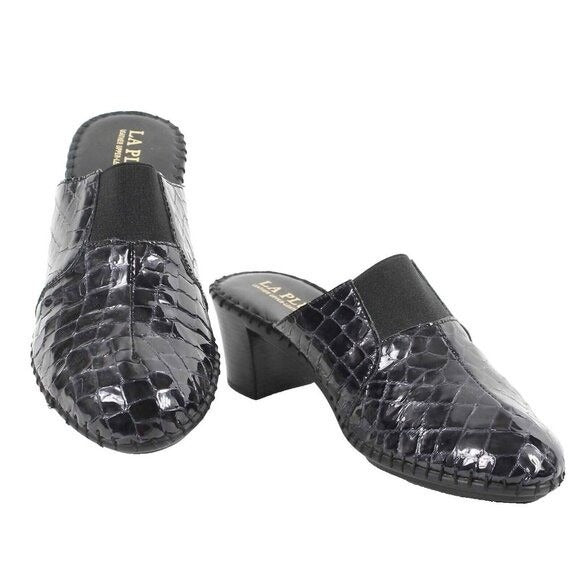 La Plume Sz 41 Black Reptile Embossed Mid Heel Patent Leather Mule Heels