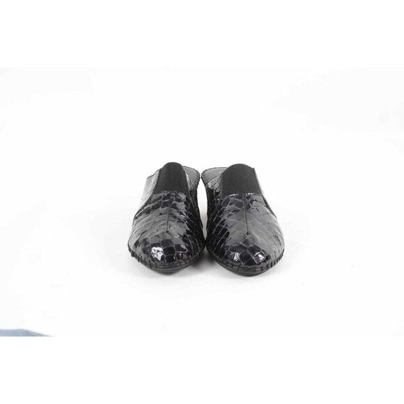 La Plume Sz 41 Black Reptile Embossed Mid Heel Patent Leather Mule Heels