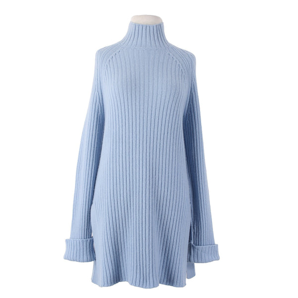 Saks Fifth Avenue Sweater Sz M Blue Turtleneck Ribbed Knit Wool Cashmere Sweater