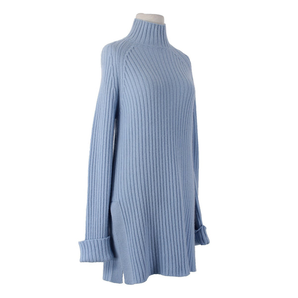 Saks Fifth Avenue Sweater Sz M Blue Turtleneck Ribbed Knit Wool Cashmere Sweater