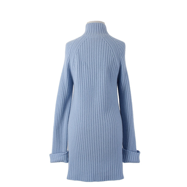 Saks Fifth Avenue Sweater Sz M Blue Turtleneck Ribbed Knit Wool Cashmere Sweater