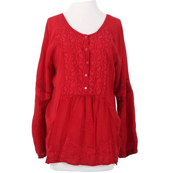 Johnny Was Top Sz M Red Embroidered Sheer Half Buttons 100% Cupio Rayon Top