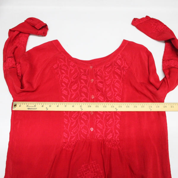 Johnny Was Top Sz M Red Embroidered Sheer Half Buttons 100% Cupio Rayon Top