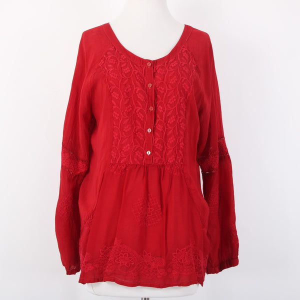 Johnny Was Top Sz M Red Embroidered Sheer Half Buttons 100% Cupio Rayon Top