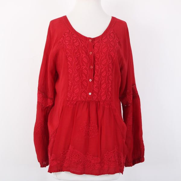 Johnny Was Top Sz M Red Embroidered Sheer Half Buttons 100% Cupio Rayon Top