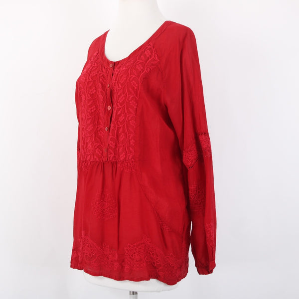 Johnny Was Top Sz M Red Embroidered Sheer Half Buttons 100% Cupio Rayon Top
