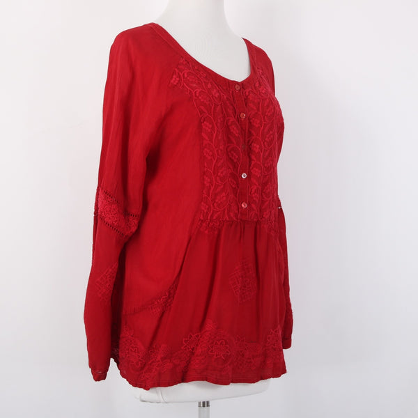 Johnny Was Top Sz M Red Embroidered Sheer Half Buttons 100% Cupio Rayon Top