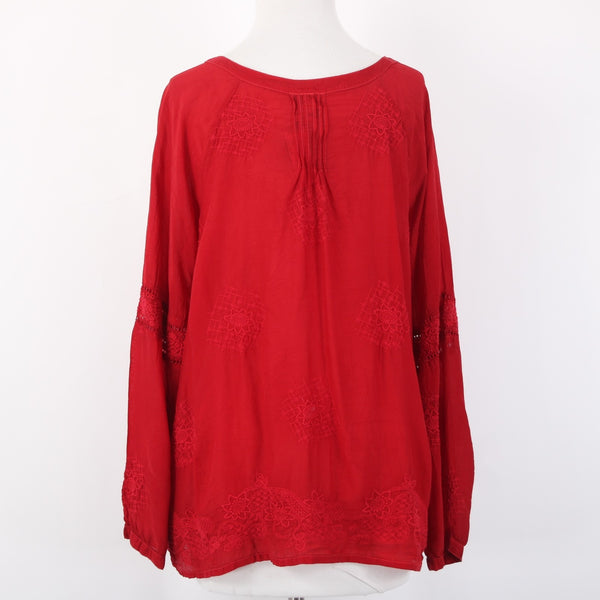 Johnny Was Top Sz M Red Embroidered Sheer Half Buttons 100% Cupio Rayon Top