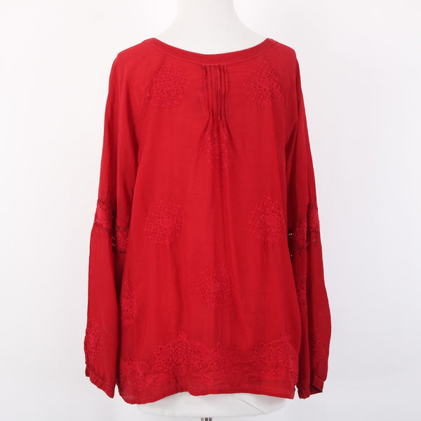 Johnny Was Top Sz M Red Embroidered Sheer Half Buttons 100% Cupio Rayon Top