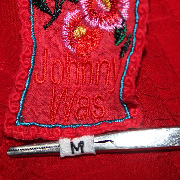Johnny Was Top Sz M Red Embroidered Sheer Half Buttons 100% Cupio Rayon Top