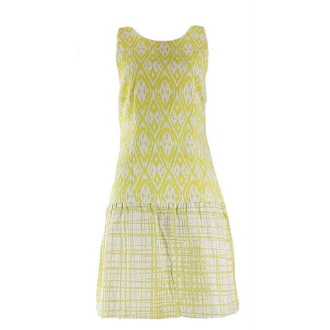 W118 Sz L Yellow White Aqua Zipper Cotton Blend Lined Mixed Pattern Dress