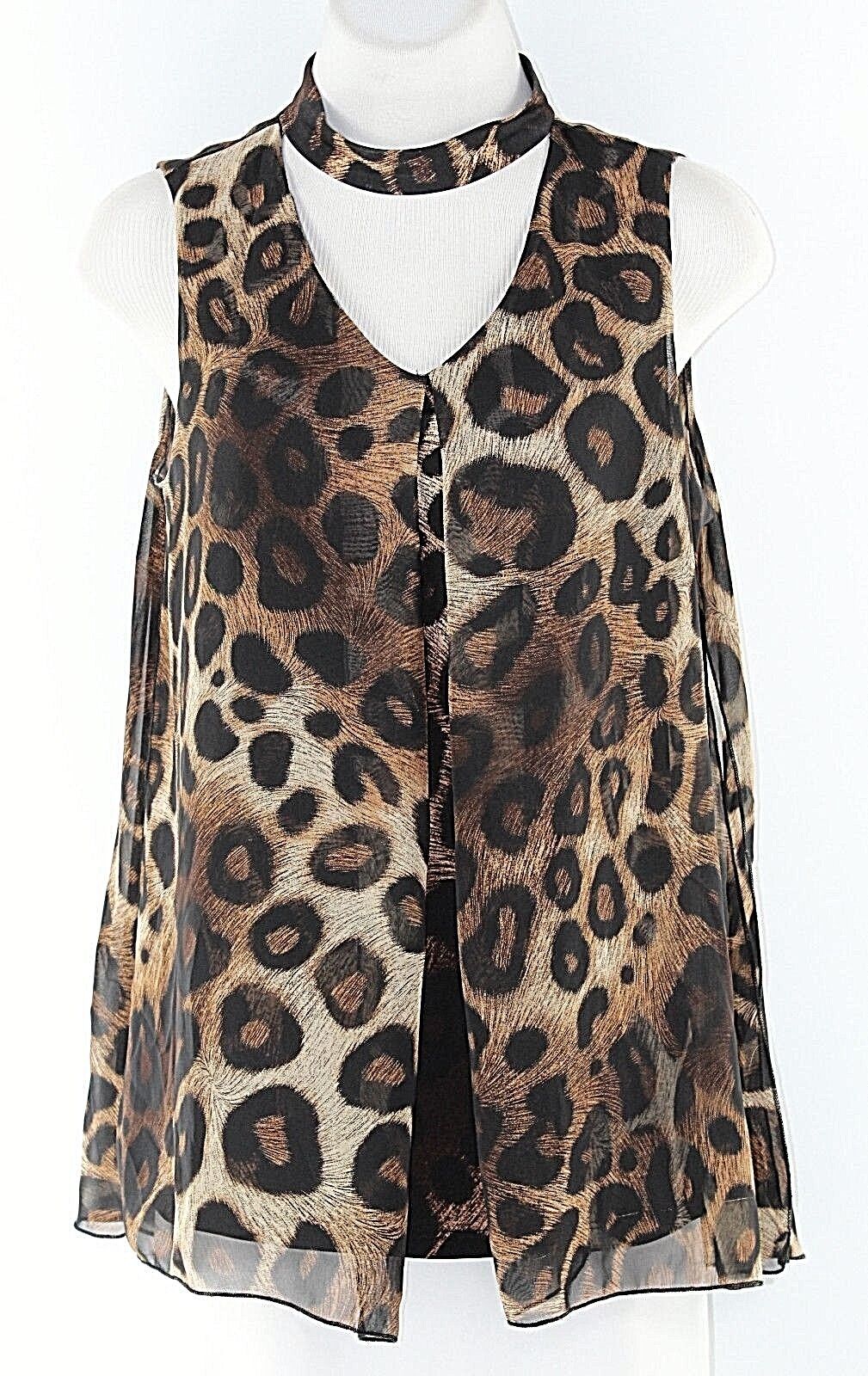 Liz McCoy Sz S Black Tan Brown Animal Poly Spandex Front Pleat Choker Top