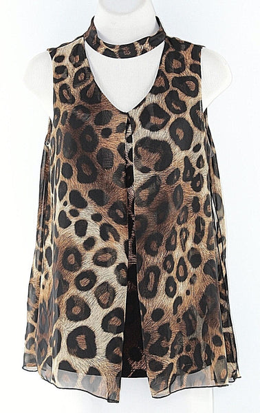 Liz McCoy Sz S Black Tan Brown Animal Poly Spandex Front Pleat Choker Top