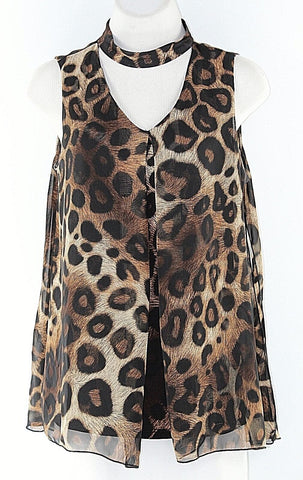 Liz McCoy Sz S Black Tan Brown Animal Poly Spandex Front Pleat Choker Top
