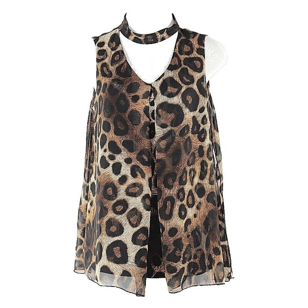 Liz McCoy Sz S Black Tan Brown Animal Poly Spandex Front Pleat Choker Top