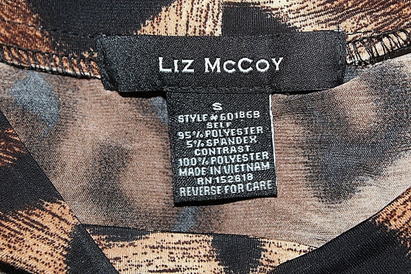 Liz McCoy Sz S Black Tan Brown Animal Poly Spandex Front Pleat Choker Top