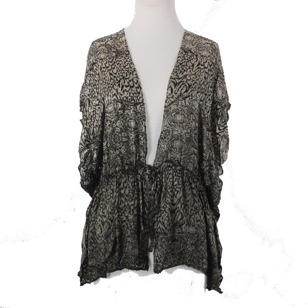 Chicos Wrap Sz M Brown Black Drawstring Closure Rayon Silk Nylon Wrap