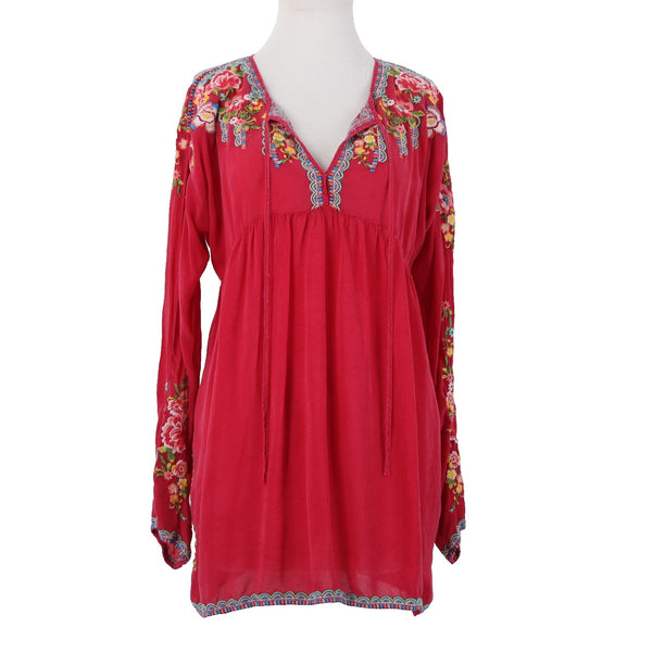 Johnny Was Sz L Deep Pink Floral Lotus Embroidered Empire Waist Rayon Blend Top