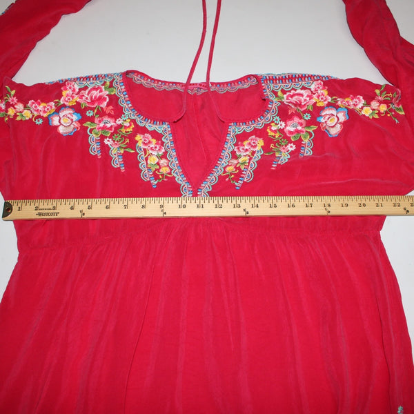 Johnny Was Sz L Deep Pink Floral Lotus Embroidered Empire Waist Rayon Blend Top