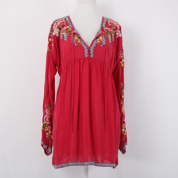 Johnny Was Sz L Deep Pink Floral Lotus Embroidered Empire Waist Rayon Blend Top