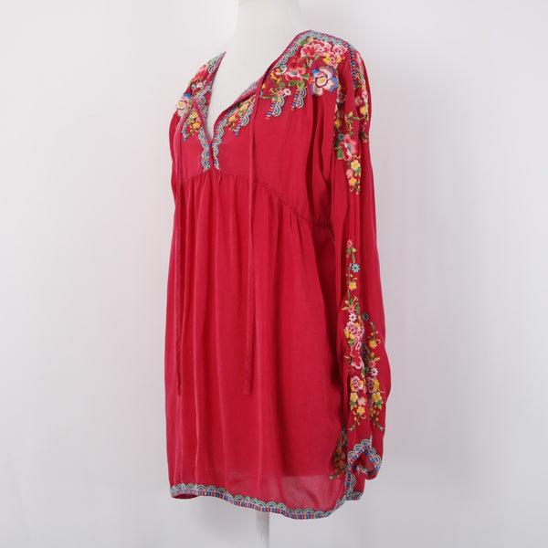 Johnny Was Sz L Deep Pink Floral Lotus Embroidered Empire Waist Rayon Blend Top