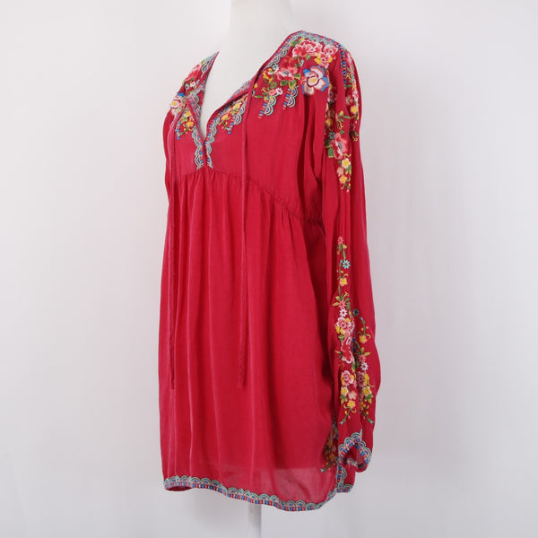 Johnny Was Sz L Deep Pink Floral Lotus Embroidered Empire Waist Rayon Blend Top