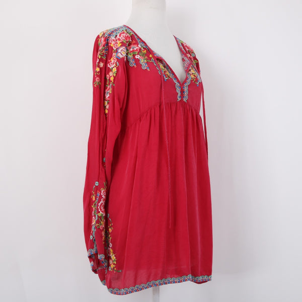 Johnny Was Sz L Deep Pink Floral Lotus Embroidered Empire Waist Rayon Blend Top