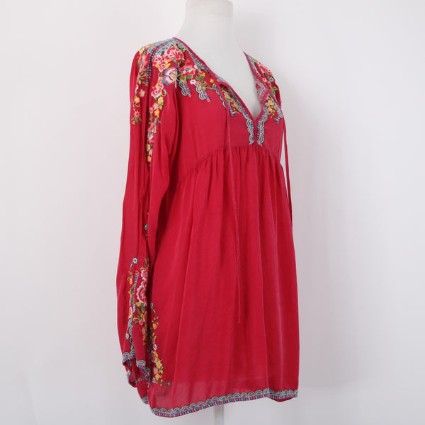 Johnny Was Sz L Deep Pink Floral Lotus Embroidered Empire Waist Rayon Blend Top